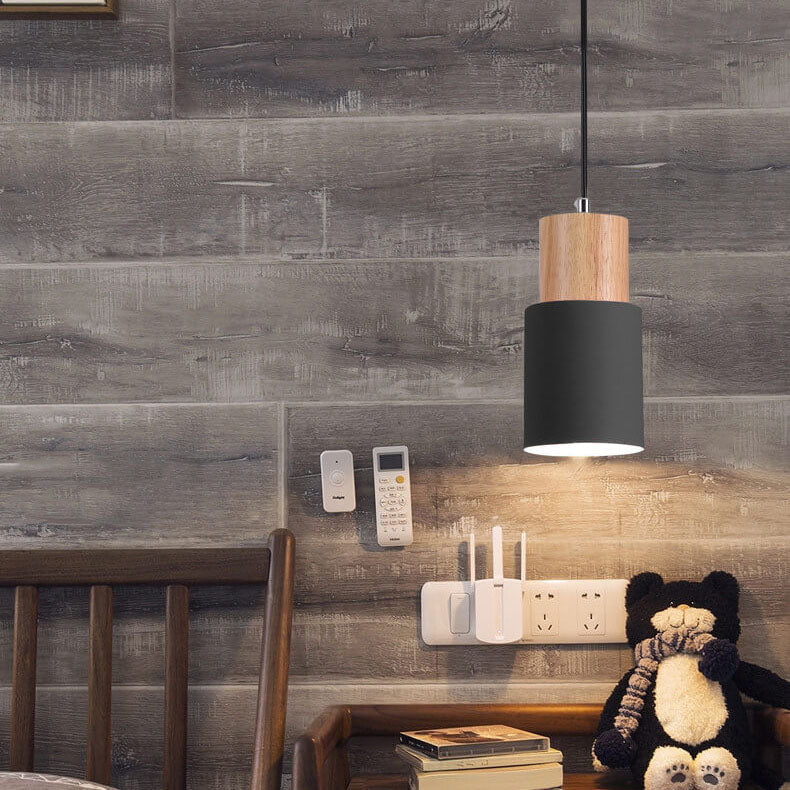Nordic Wood Pendant Light with Metal Cylinder