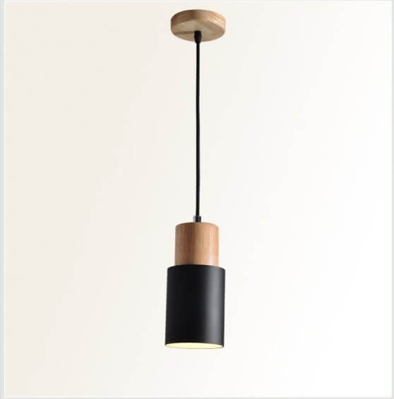 Nordic Wood Pendant Light with Metal Cylinder