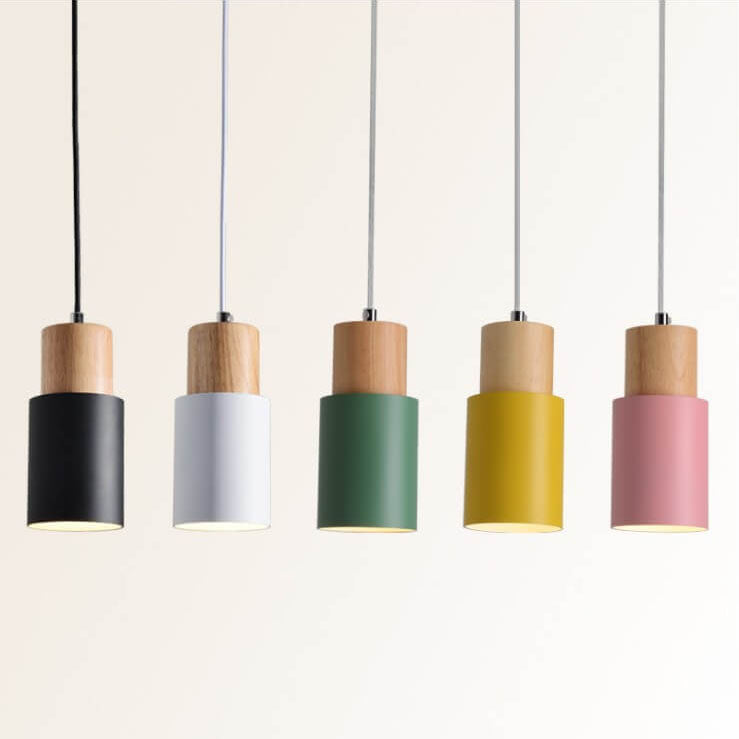 Nordic Wood Pendant Light with Metal Cylinder