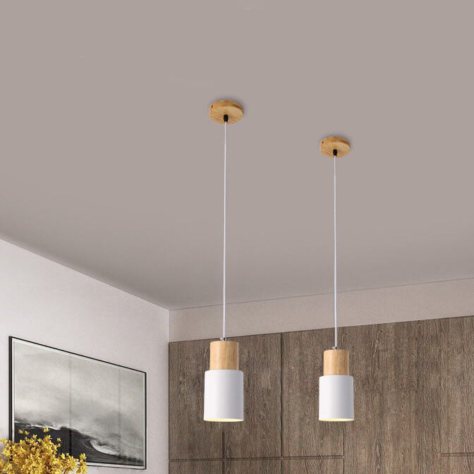 Nordic Wood Pendant Light with Metal Cylinder