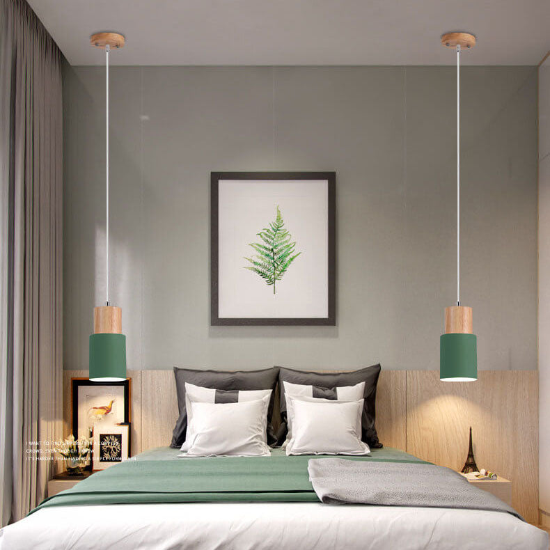 Nordic Wood Pendant Light with Metal Cylinder