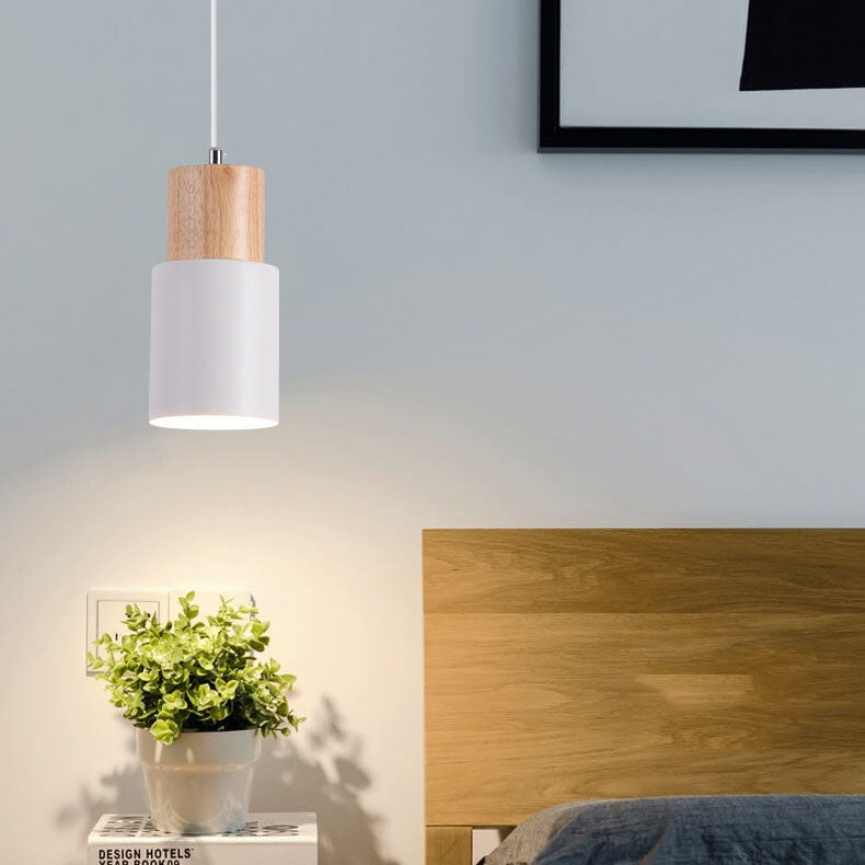 Nordic Wood Pendant Light with Metal Cylinder