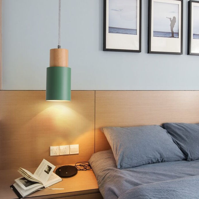 Nordic Wood Pendant Light with Metal Cylinder
