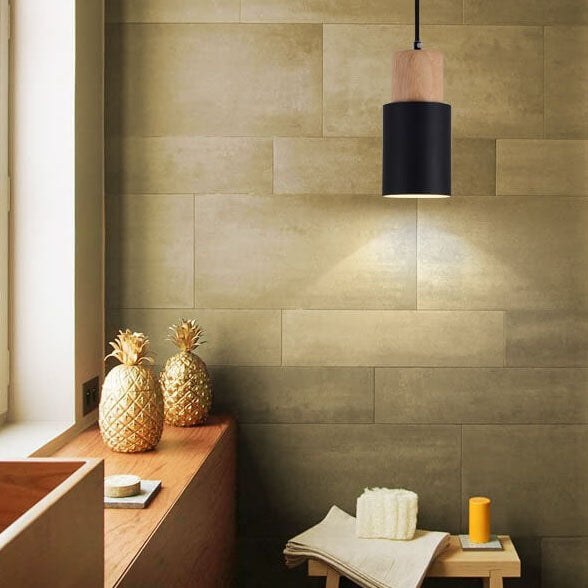 Nordic Wood Pendant Light with Metal Cylinder