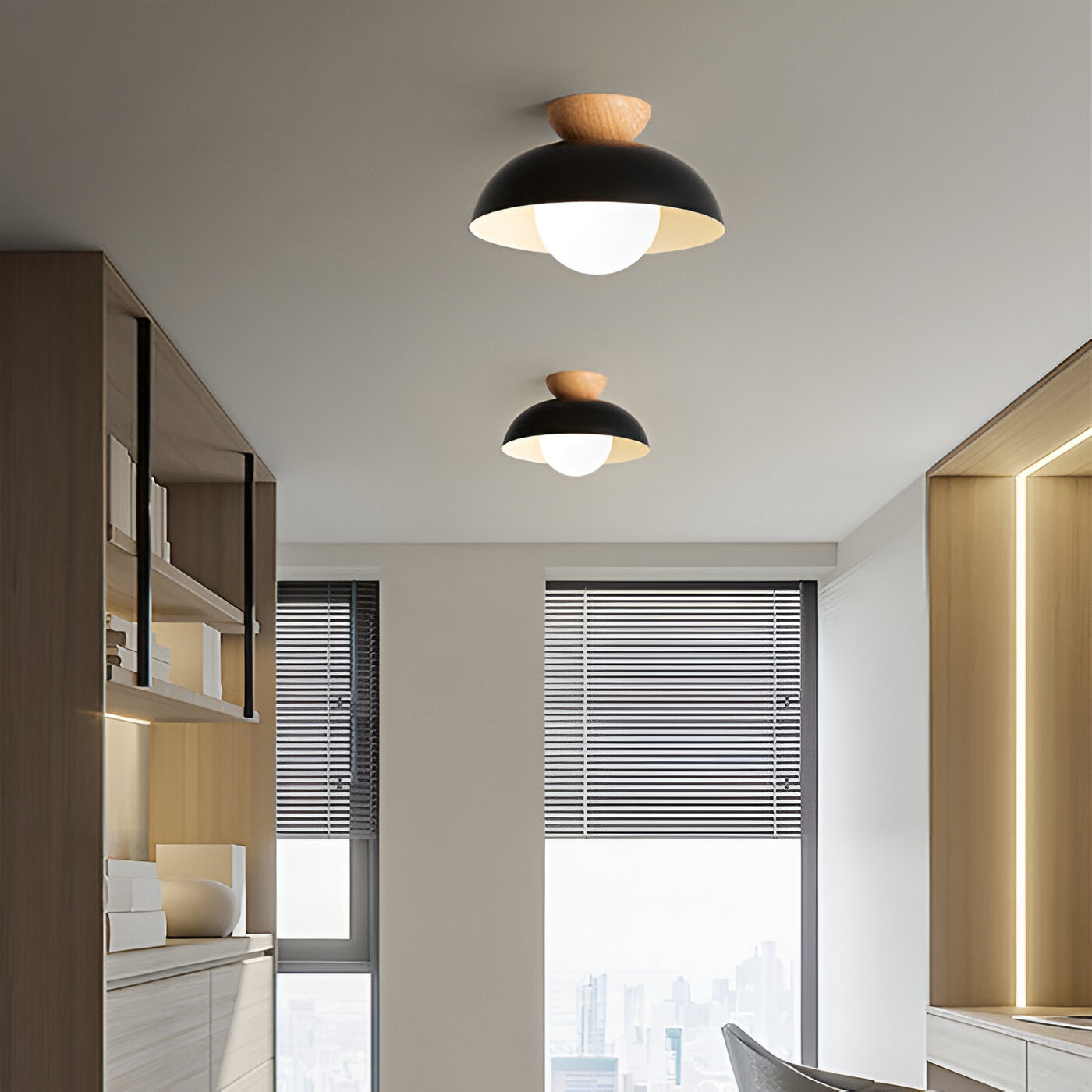 Modern Glass Dome Ceiling Light Wood Accent