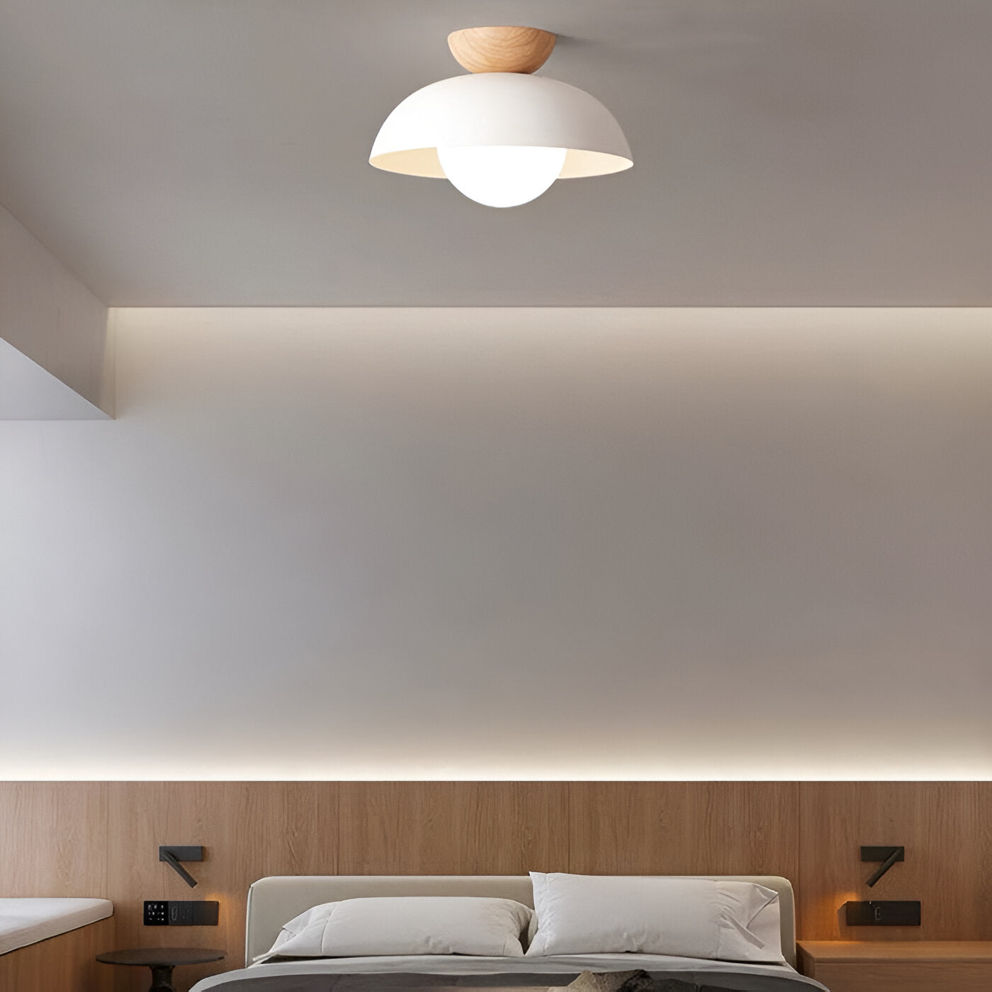 Modern Glass Dome Ceiling Light Wood Accent