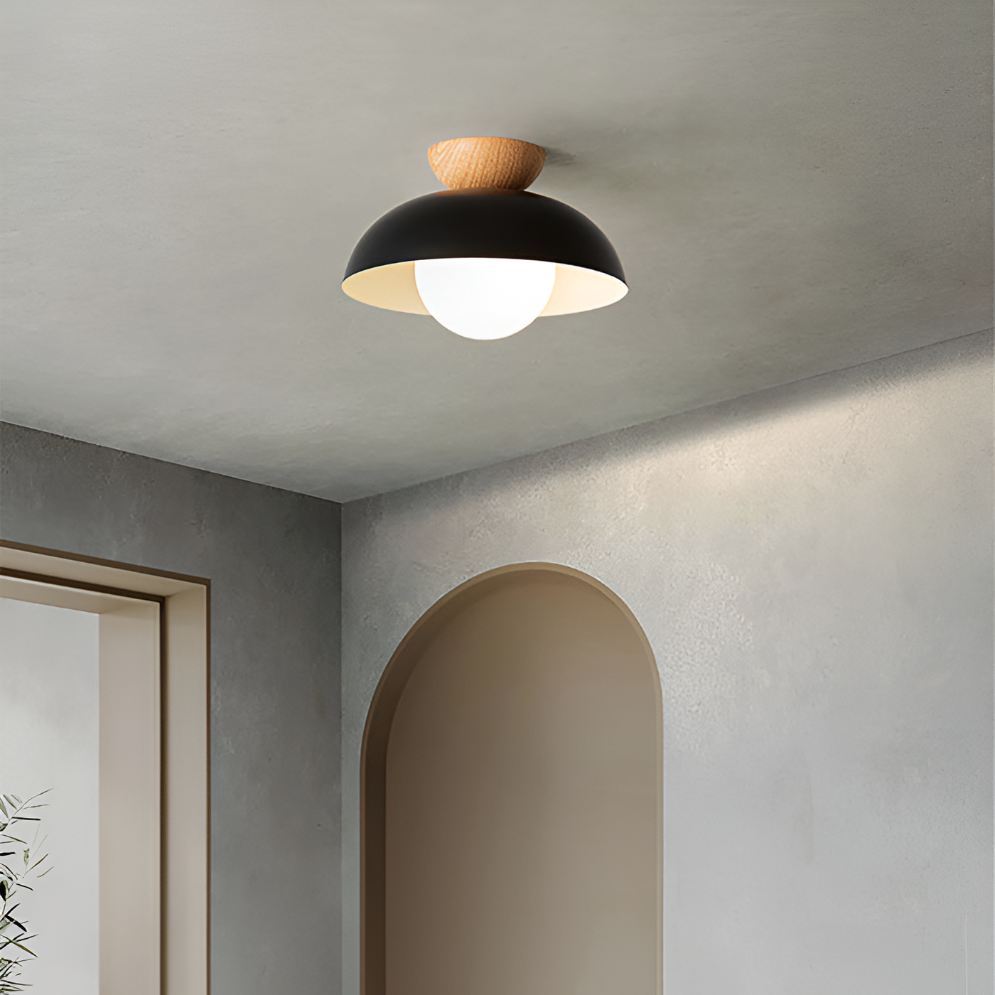 Modern Glass Dome Ceiling Light Wood Accent