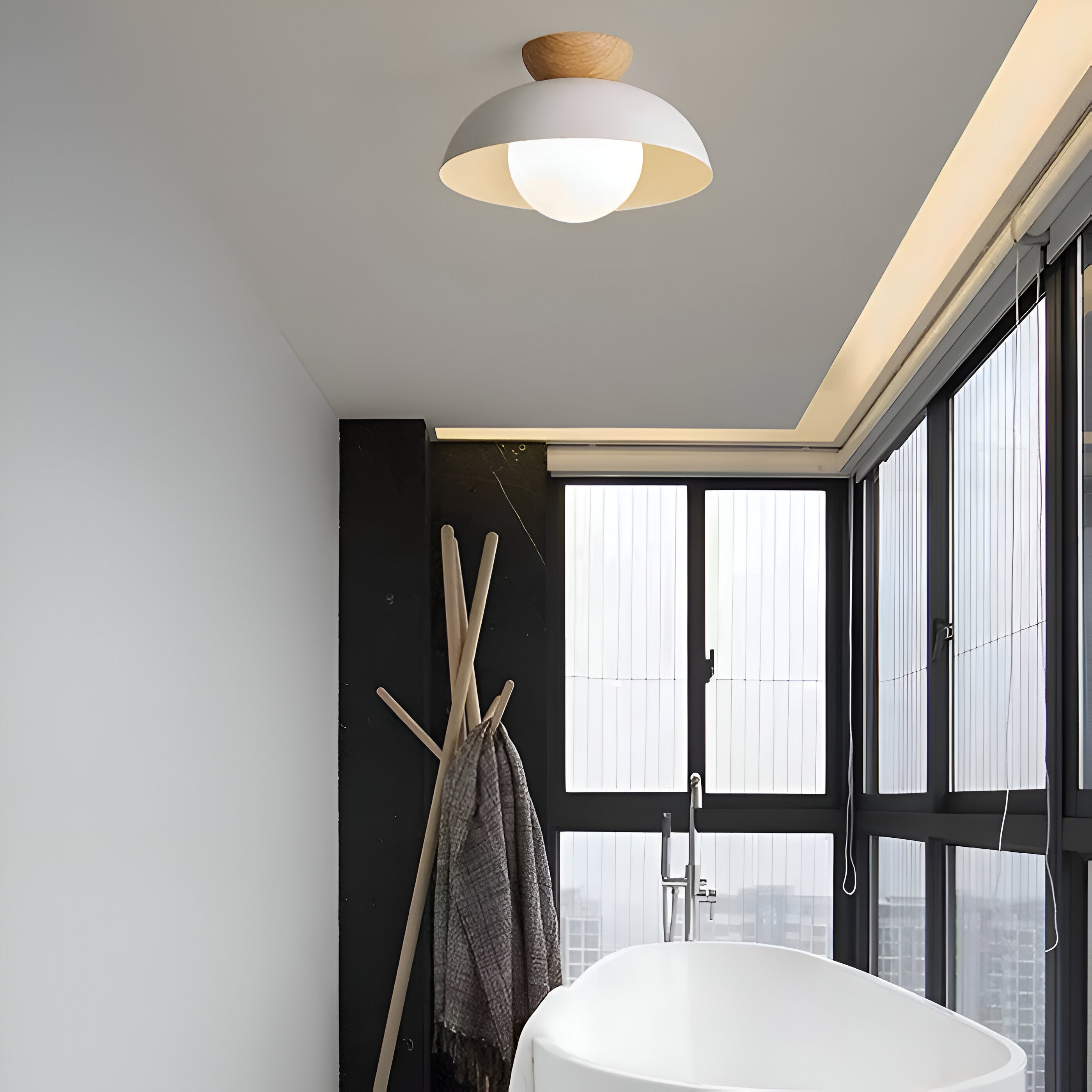 Modern Glass Dome Ceiling Light Wood Accent