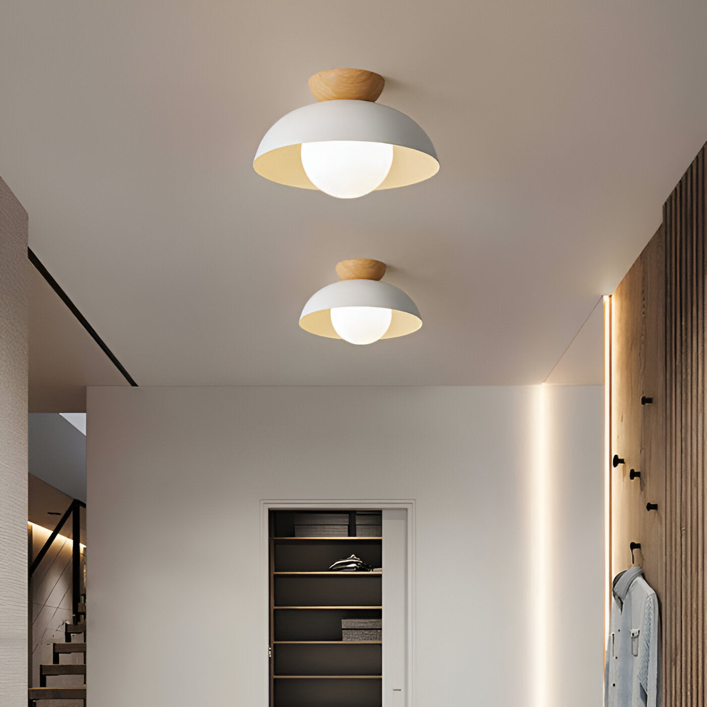 Modern Glass Dome Ceiling Light Wood Accent