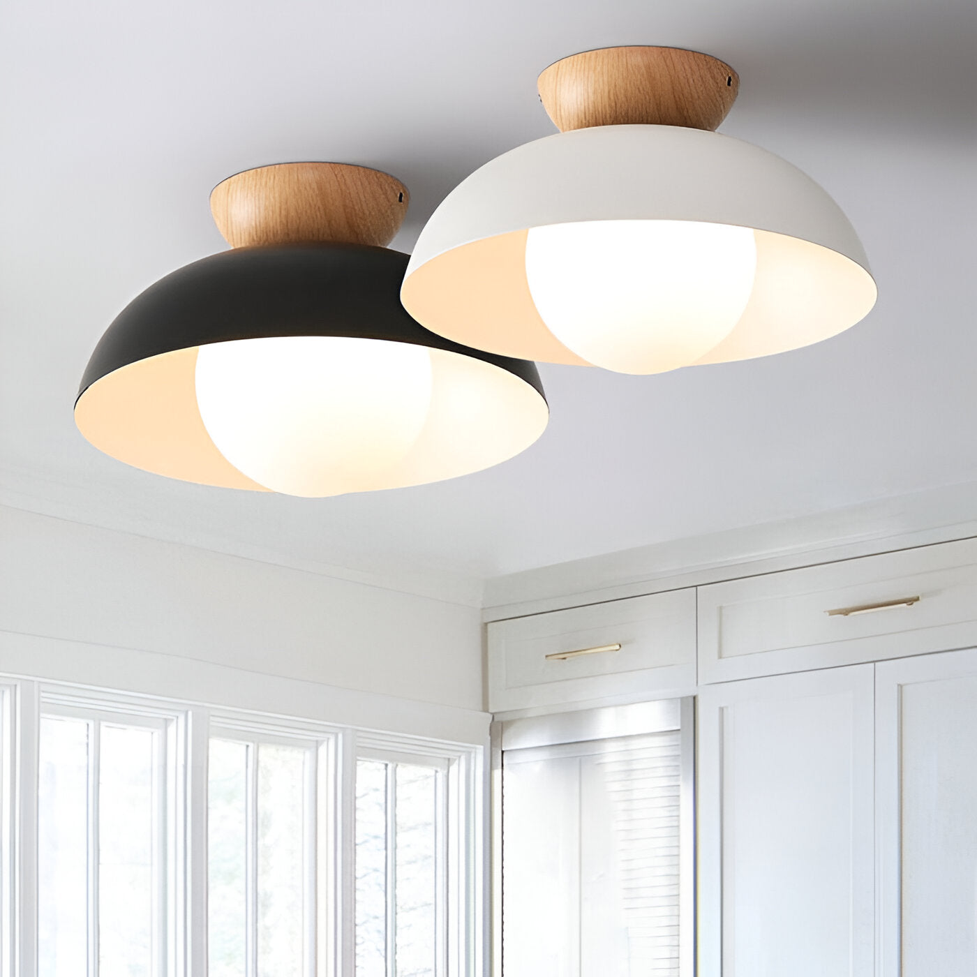 Modern Glass Dome Ceiling Light Wood Accent