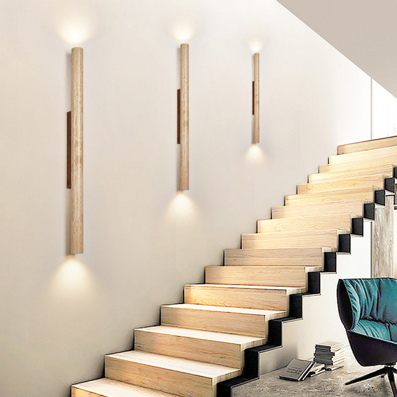 Travertine Wall Sconce with Solid Wood Base