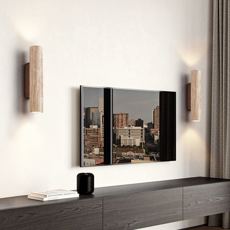 Travertine Wall Sconce with Solid Wood Base