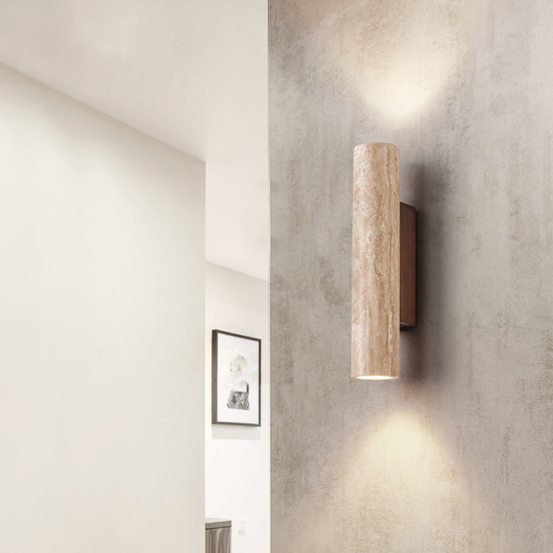 Travertine Wall Sconce with Solid Wood Base