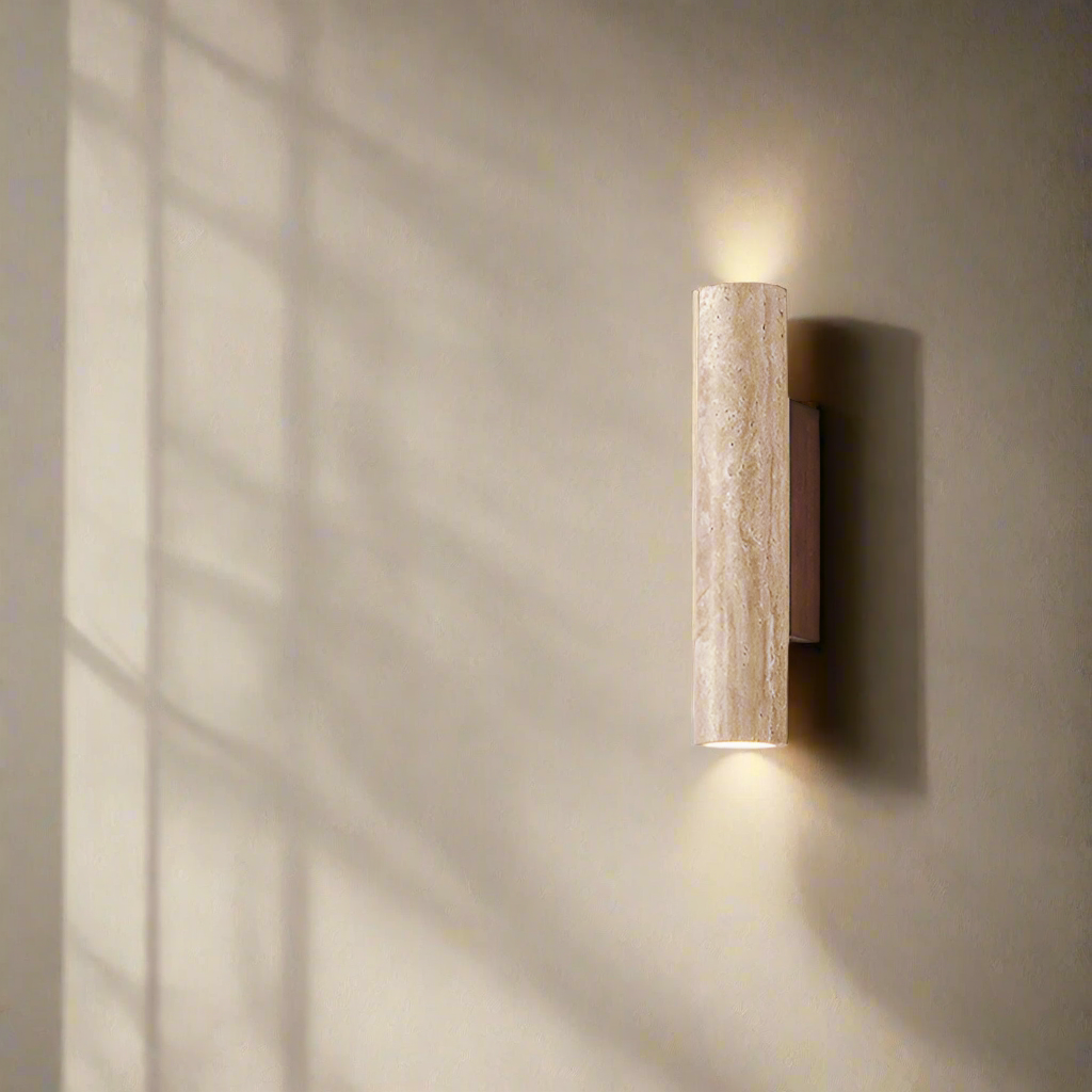 Travertine Wall Sconce with Solid Wood Base
