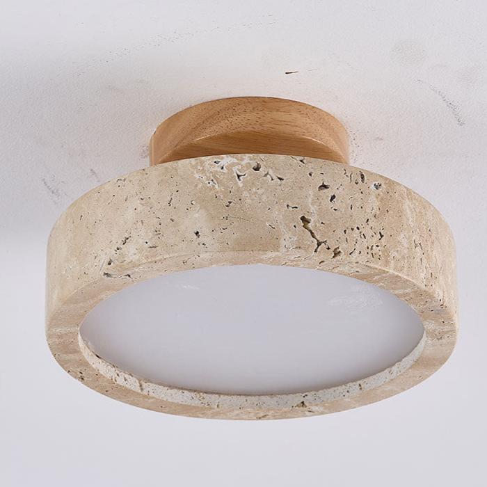 Round Travertine Ceiling Light with Wood Trim
