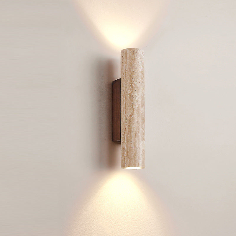 Travertine Wall Sconce with Solid Wood Base