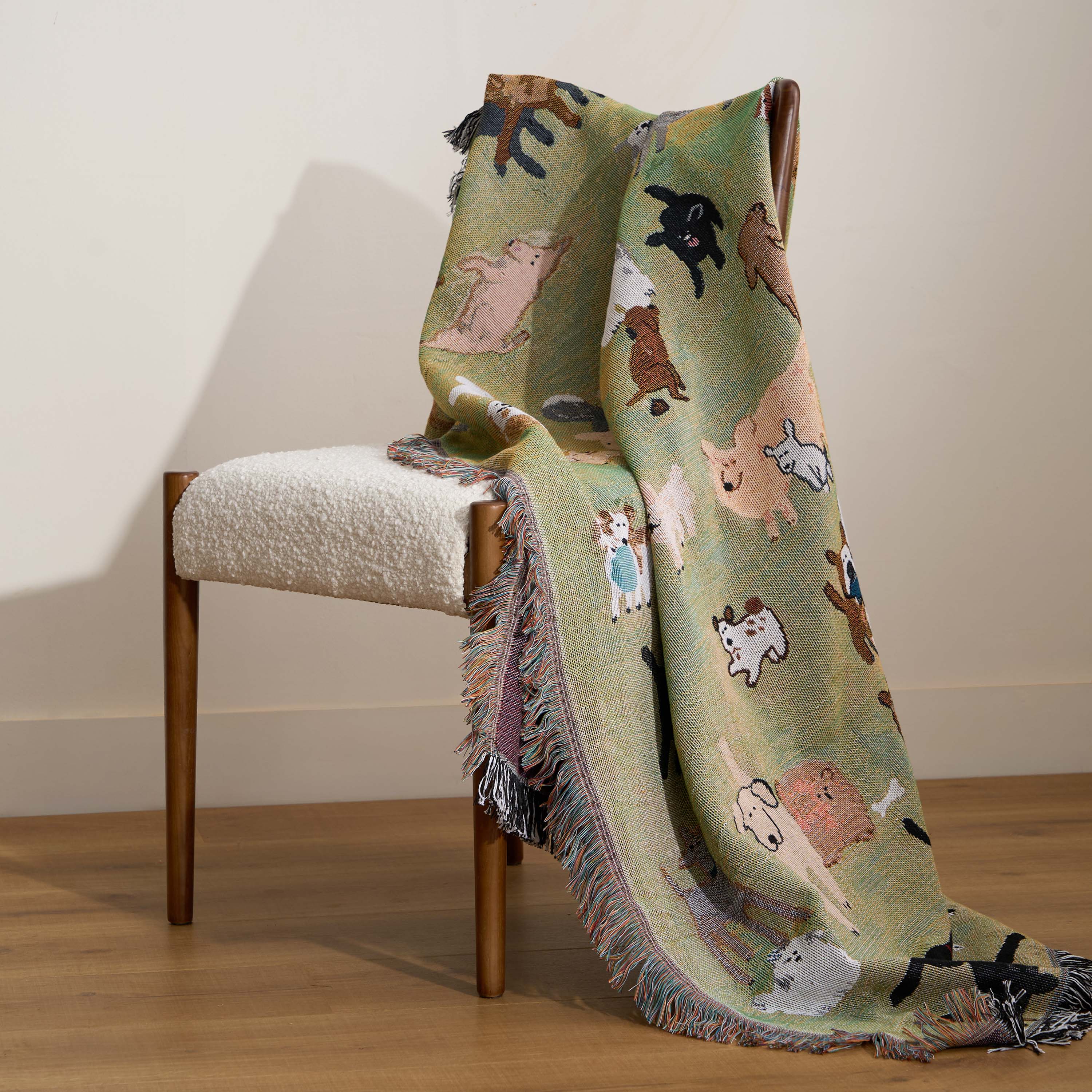 Playful Dog Print Throw Blanket with Fringe
