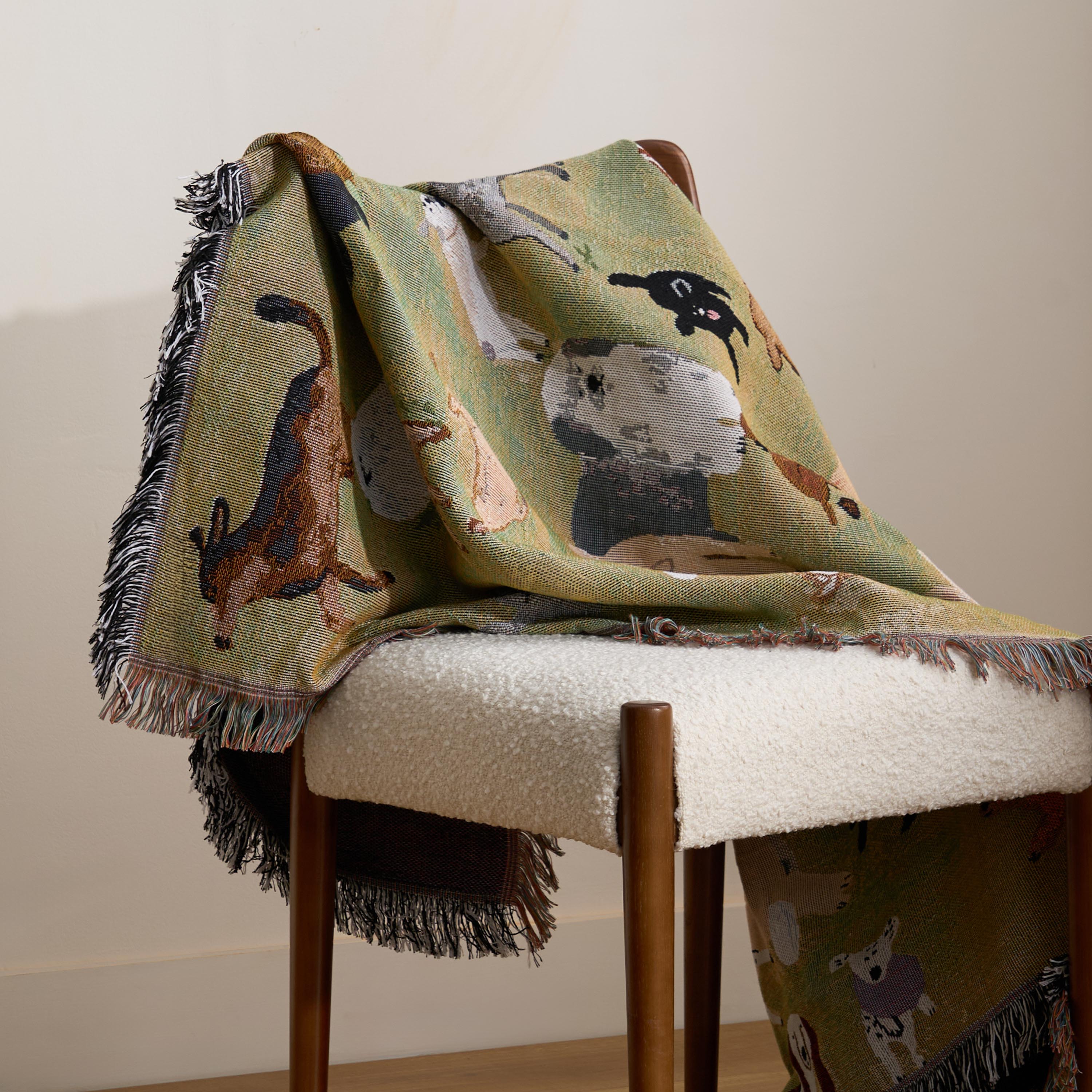Playful Dog Print Throw Blanket with Fringe