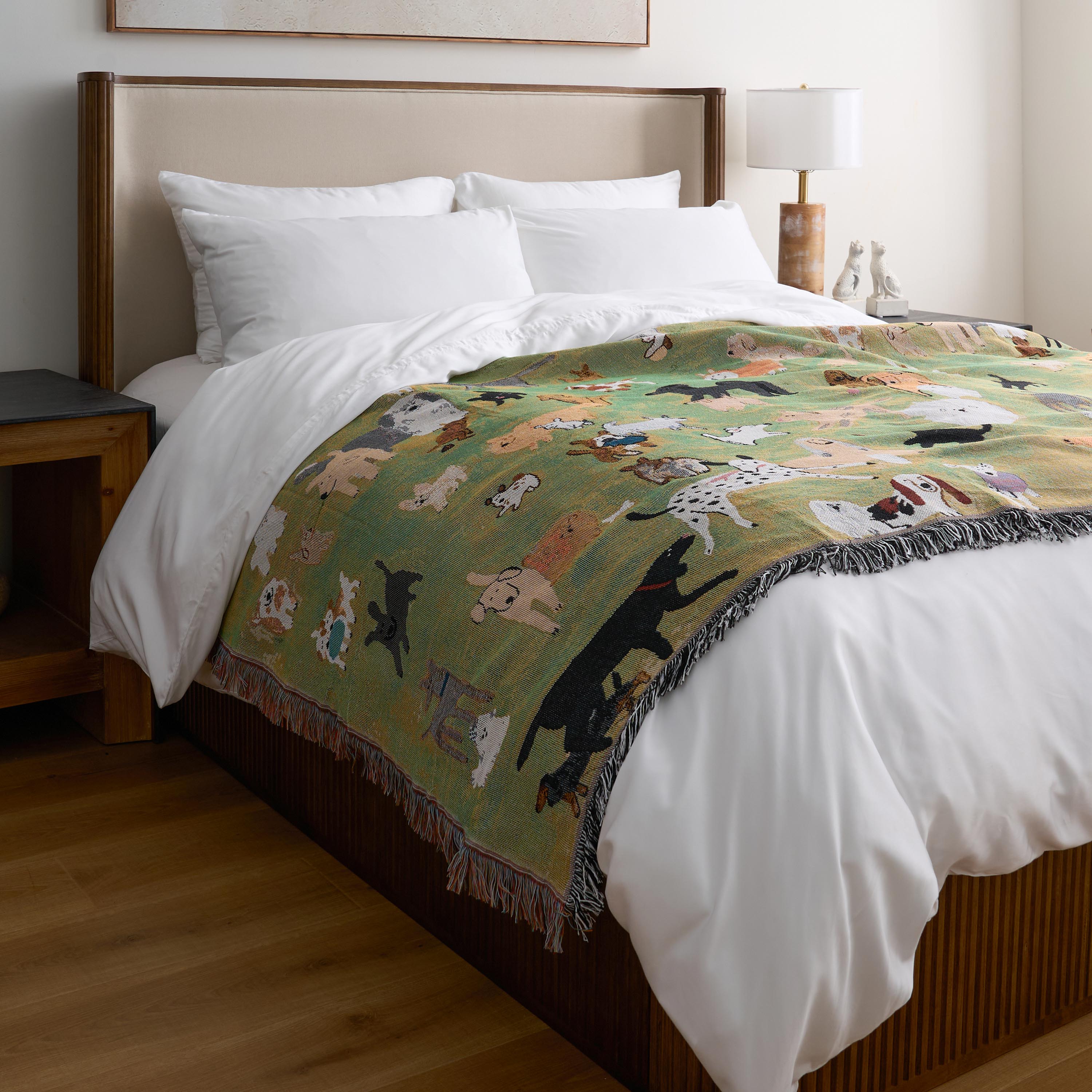 Playful Dog Print Throw Blanket with Fringe