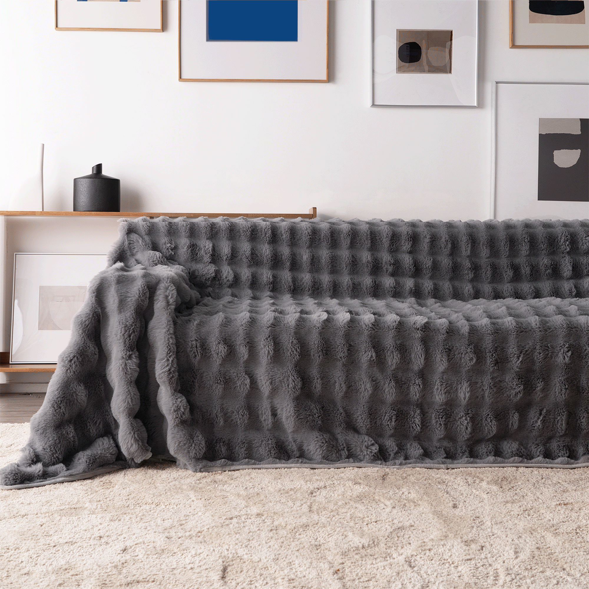 Plush Faux Fur Sofa Cover with Ribbed Texture