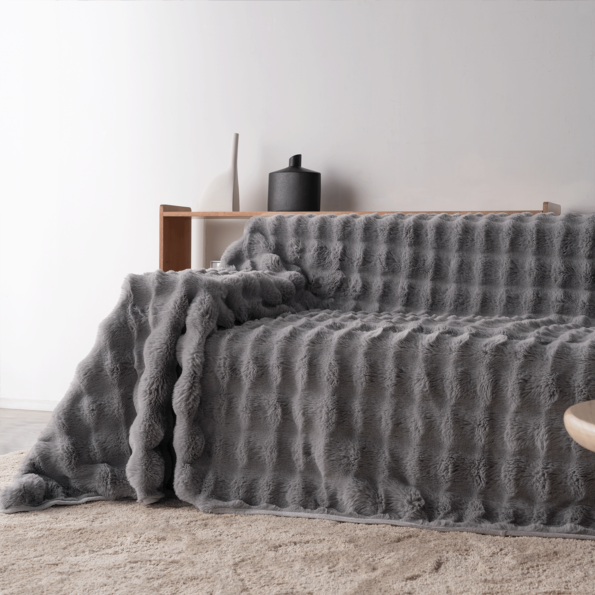 Plush Faux Fur Sofa Cover with Ribbed Texture