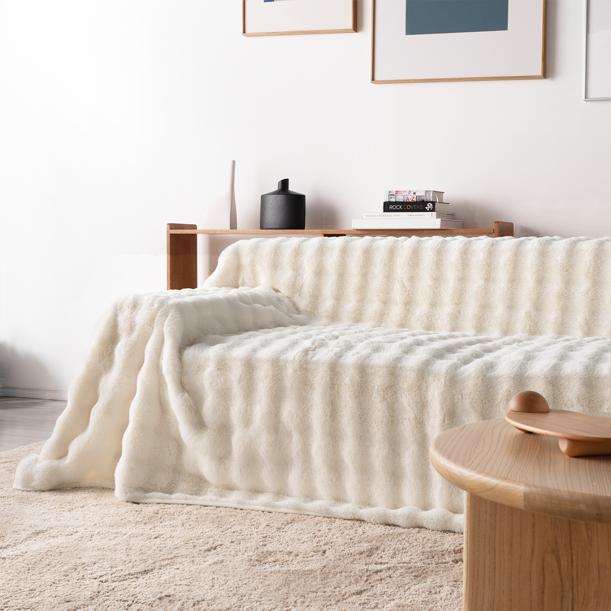 Plush Faux Fur Sofa Cover with Ribbed Texture