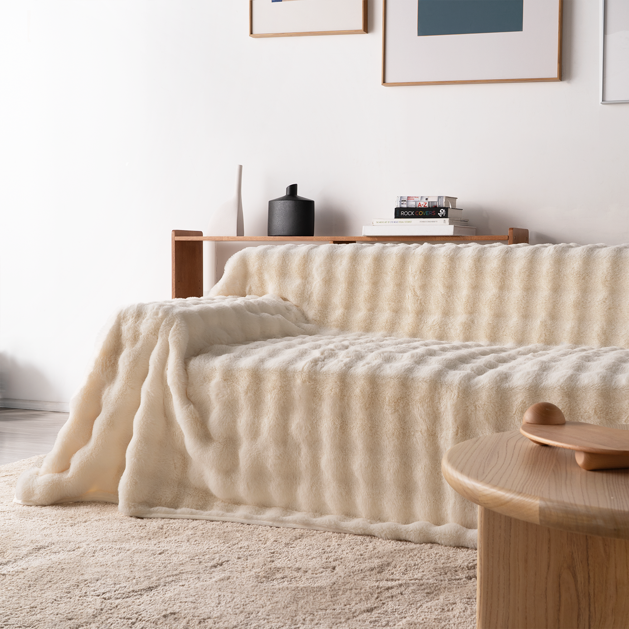 Plush Faux Fur Sofa Cover with Ribbed Texture