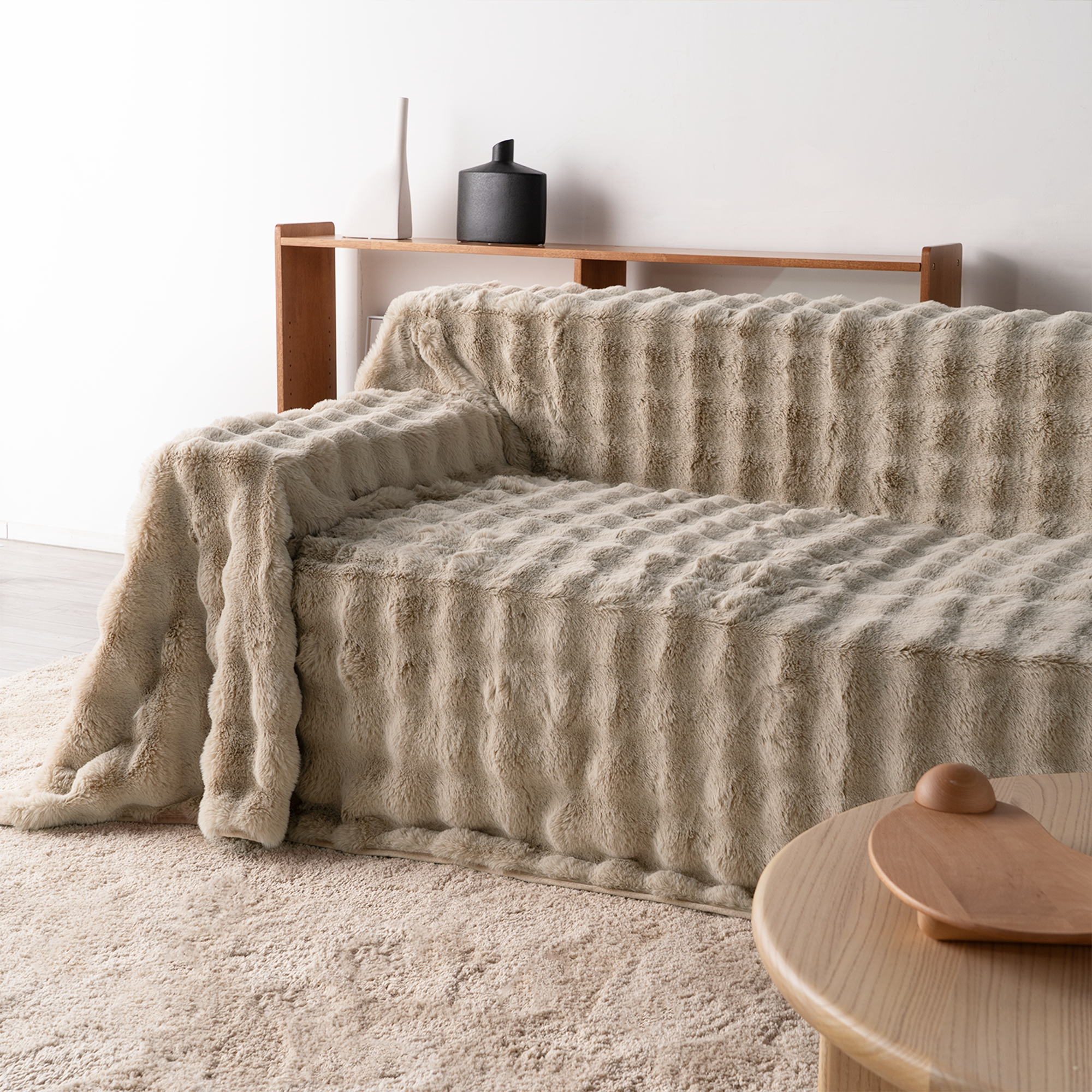 Plush Faux Fur Sofa Cover with Ribbed Texture