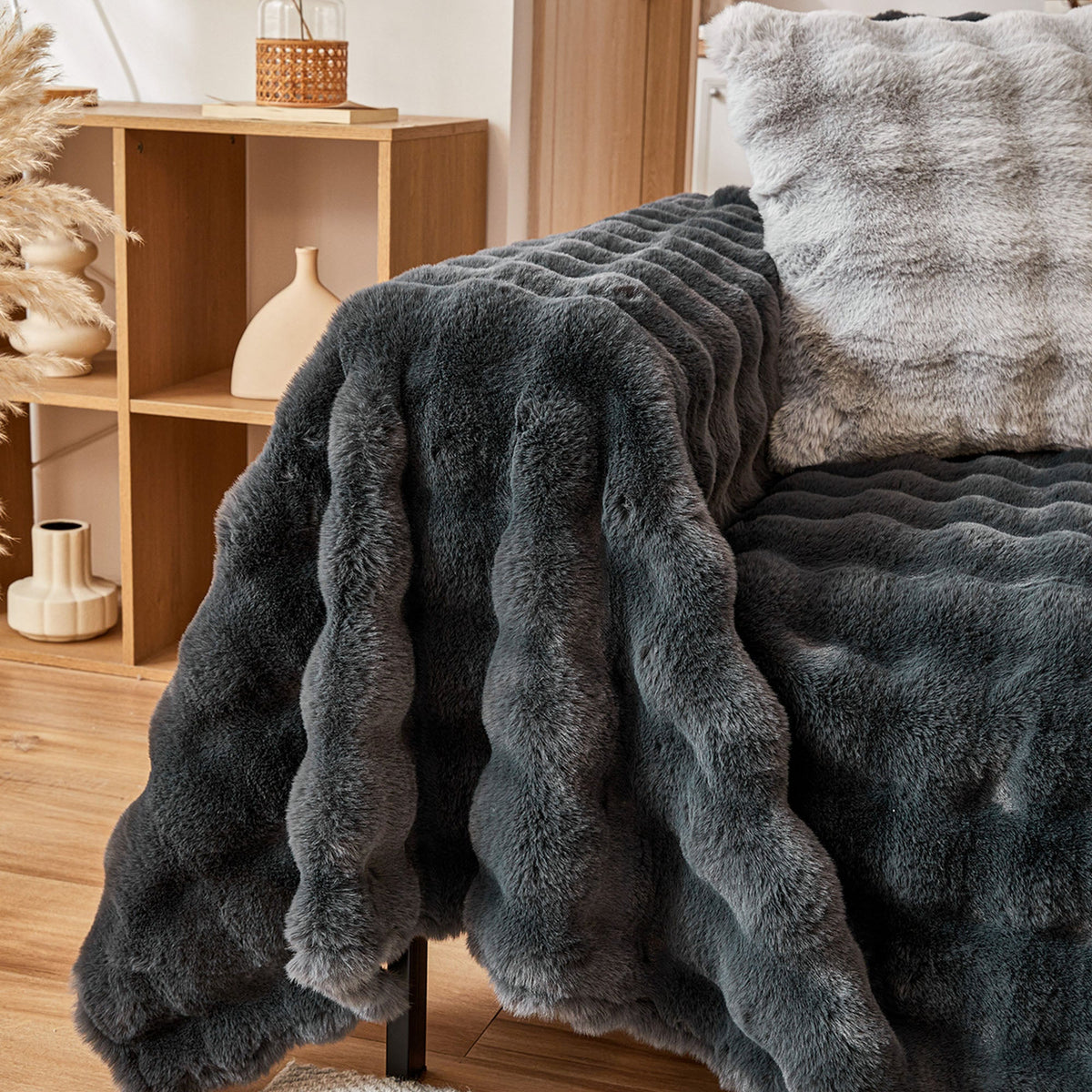 Plush Faux Fur Sofa Cover with Ripple Texture