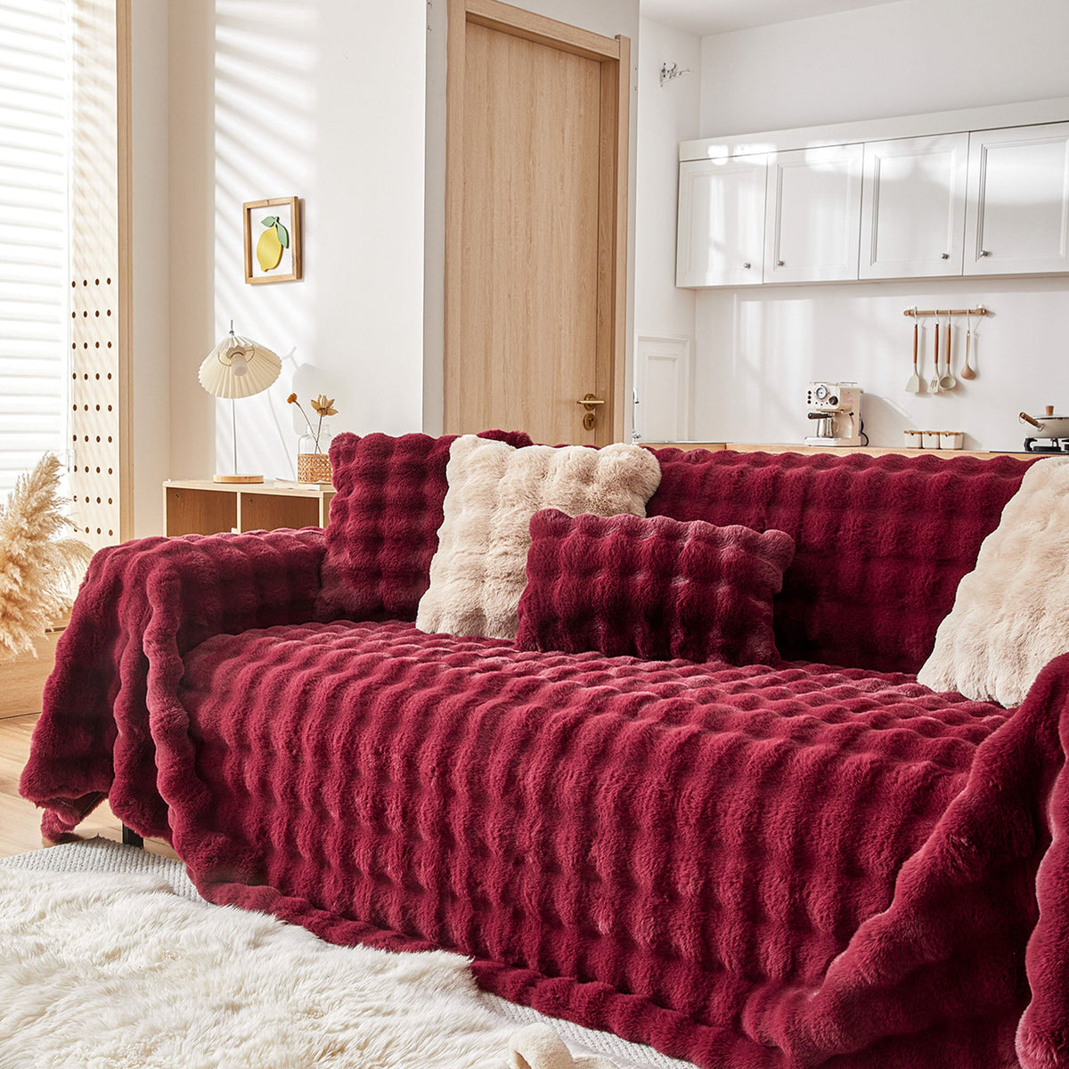 Plush Faux Fur Sofa Cover with Ripple Texture