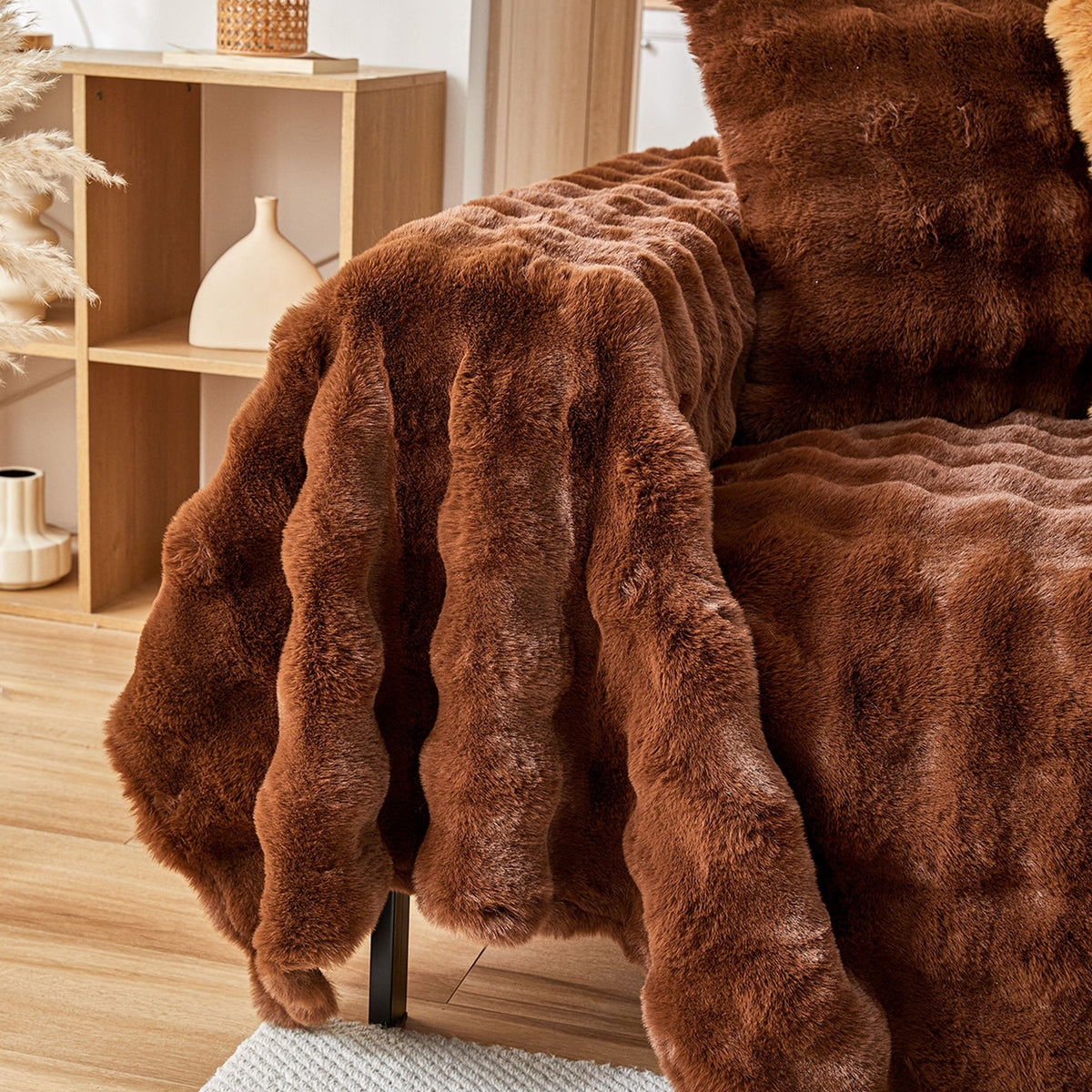 Plush Faux Fur Sofa Cover with Ripple Texture