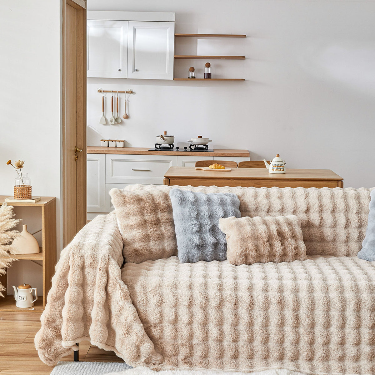 Plush Faux Fur Sofa Cover with Ripple Texture