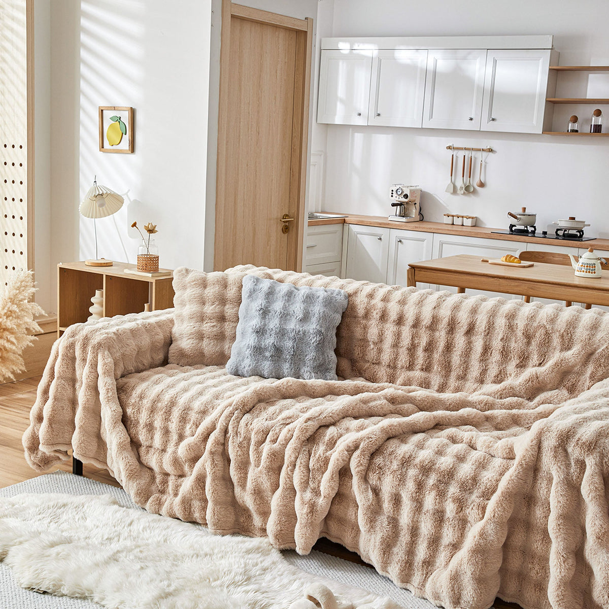 Plush Faux Fur Sofa Cover with Ripple Texture