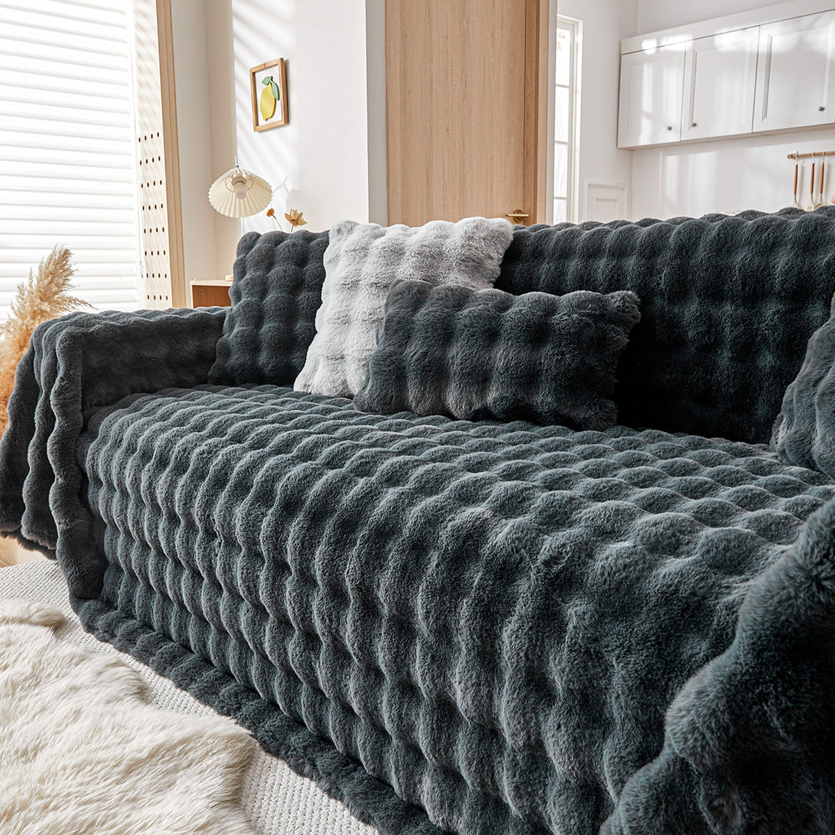 Plush Faux Fur Sofa Cover with Ripple Texture