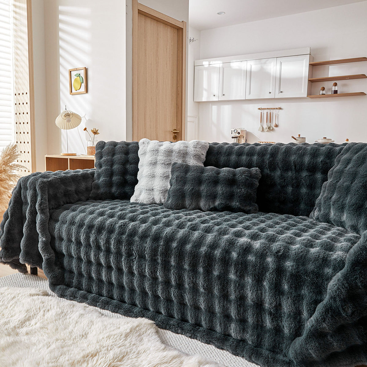 Plush Faux Fur Sofa Cover with Ripple Texture