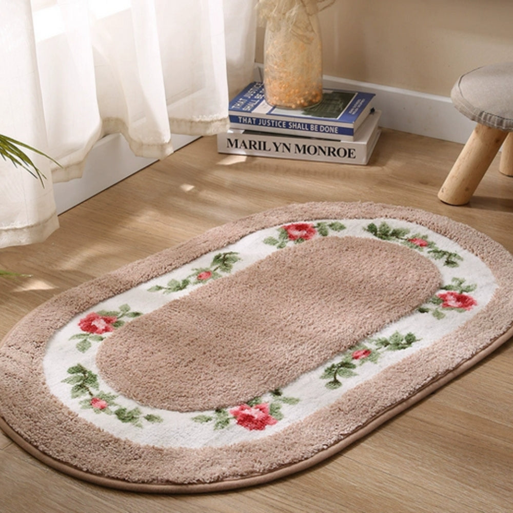 Plush Floral Oval Bath Mat with Rose Border