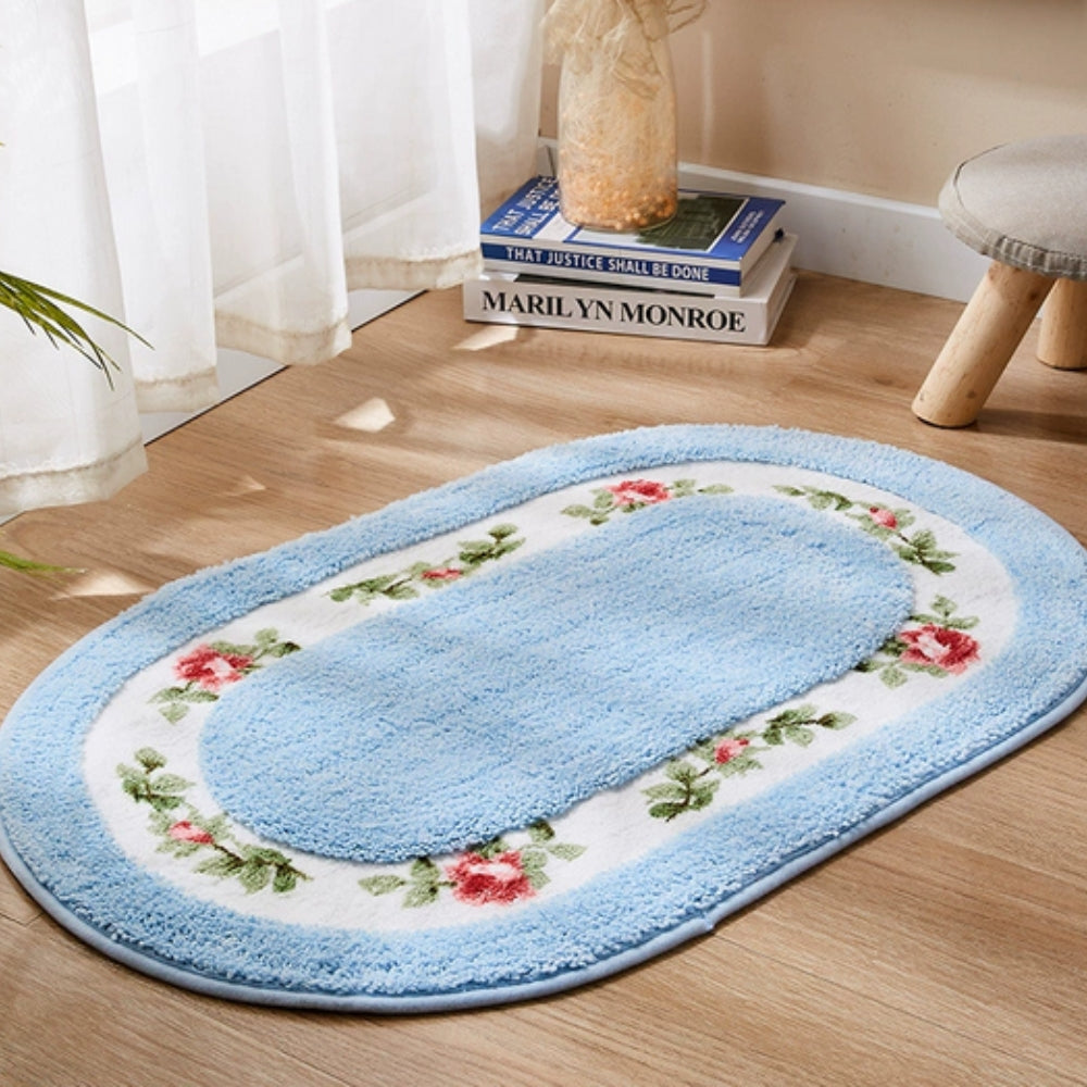 Plush Floral Oval Bath Mat with Rose Border