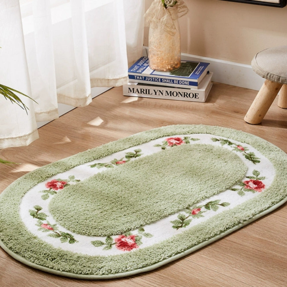Plush Floral Oval Bath Mat with Rose Border