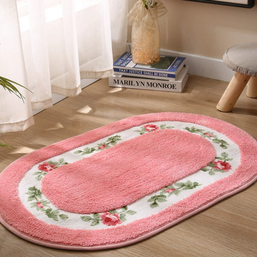 Plush Floral Oval Bath Mat with Rose Border