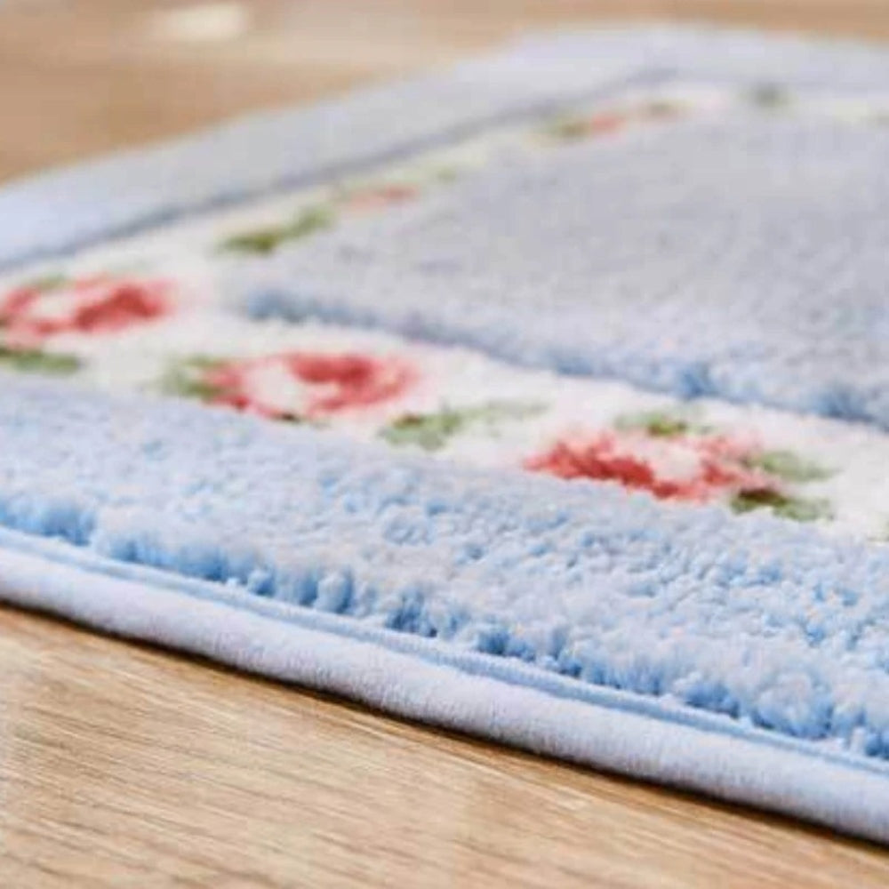 Plush Floral Oval Bath Mat with Rose Border