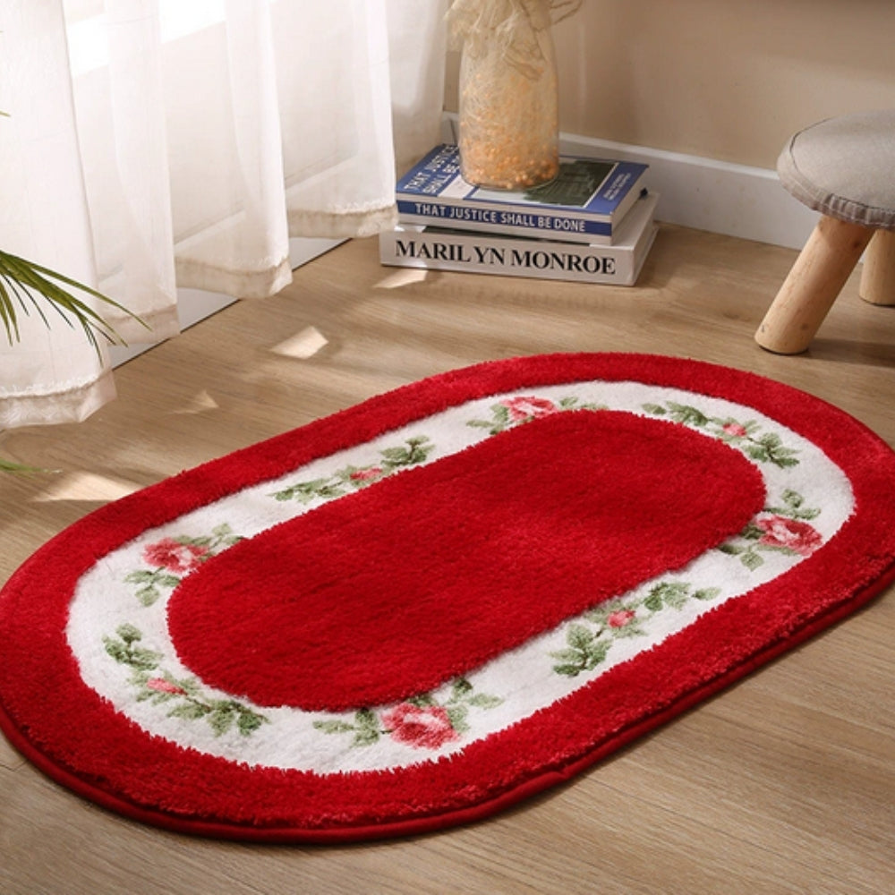 Plush Floral Oval Bath Mat with Rose Border