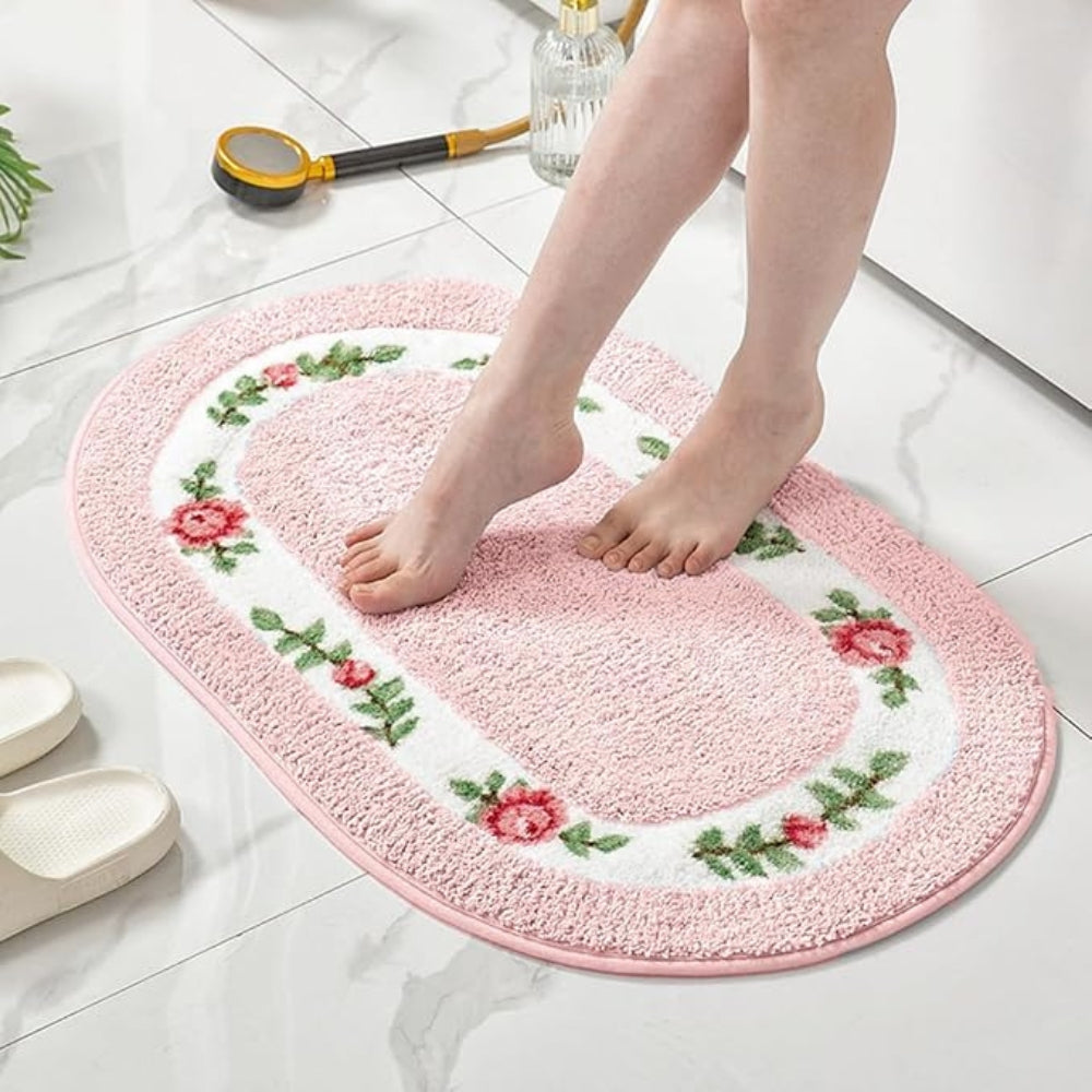 Plush Floral Oval Bath Mat with Rose Border