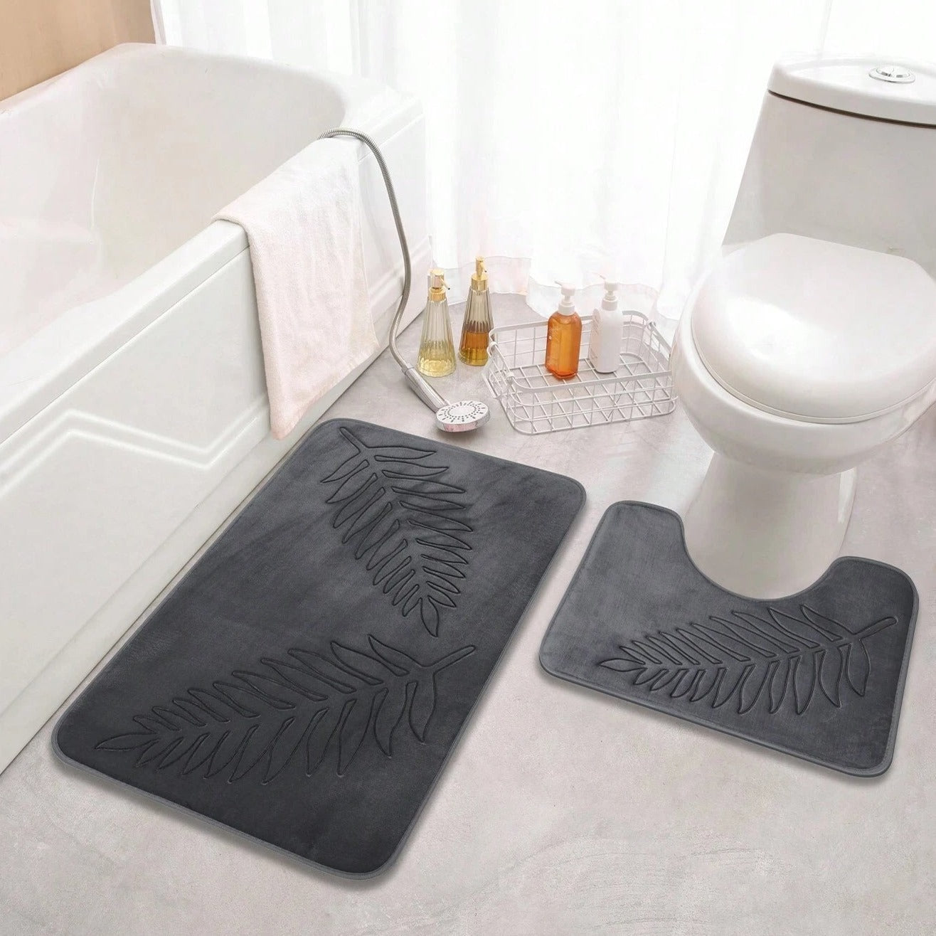 Plush Memory Foam Bath Mat Set with Leaves