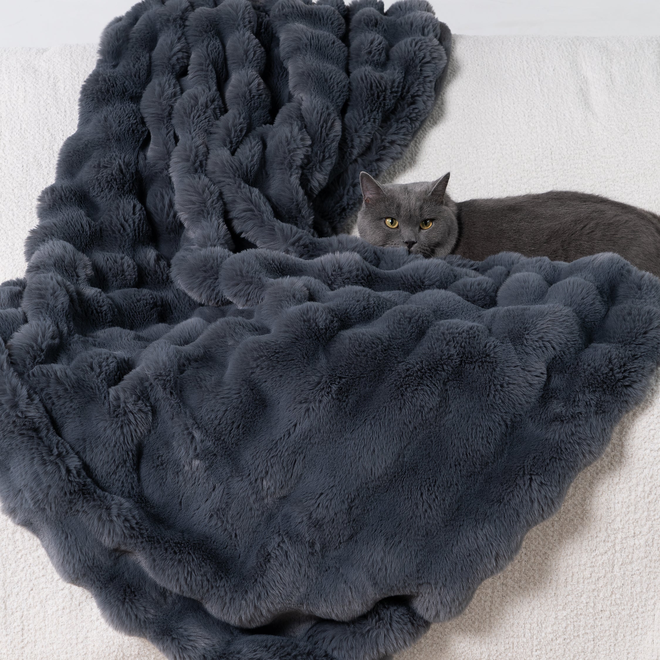 Plush Rabbit Fur Throw with Ruched Texture