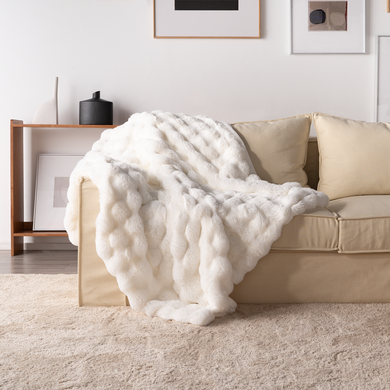 Plush Rabbit Fur Throw with Ruched Texture