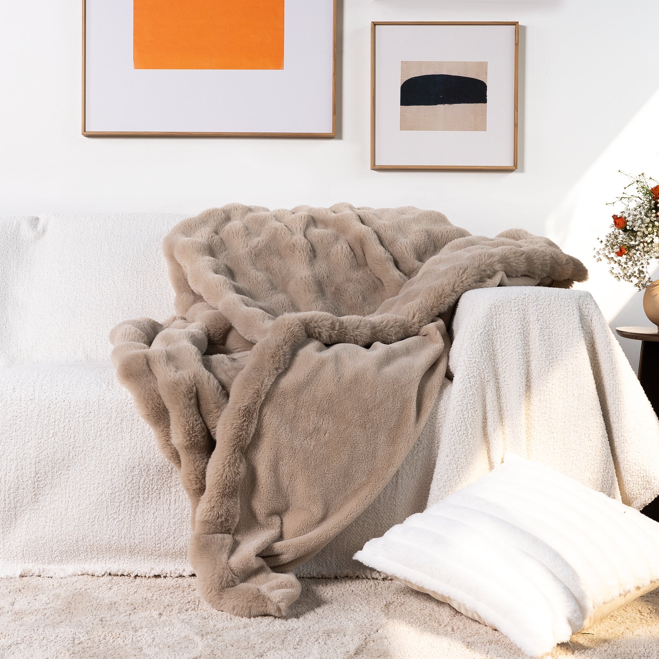 Plush Rabbit Fur Throw with Ruched Texture