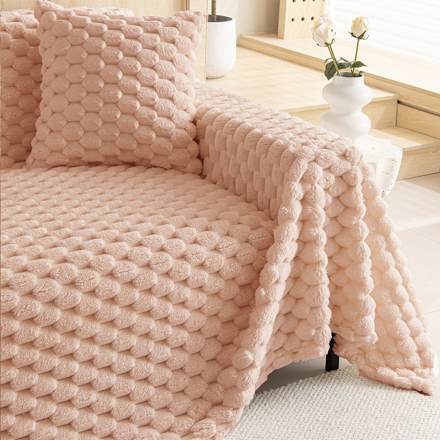 Plush Textured Sofa Cover with Bubble Knit