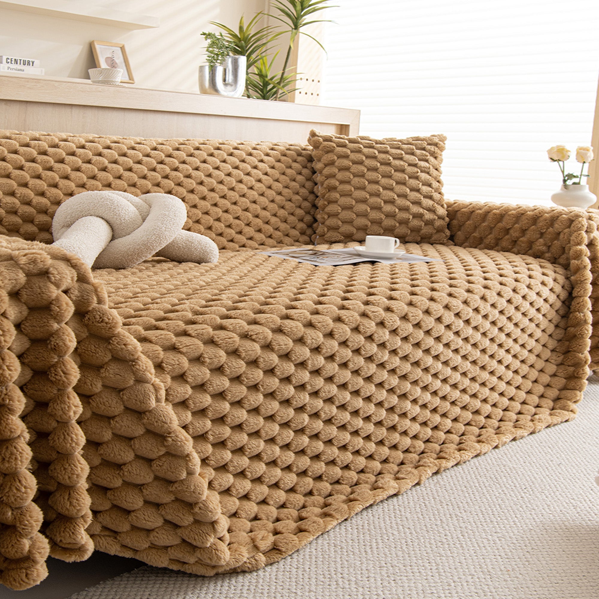 Plush Textured Sofa Cover with Bubble Knit