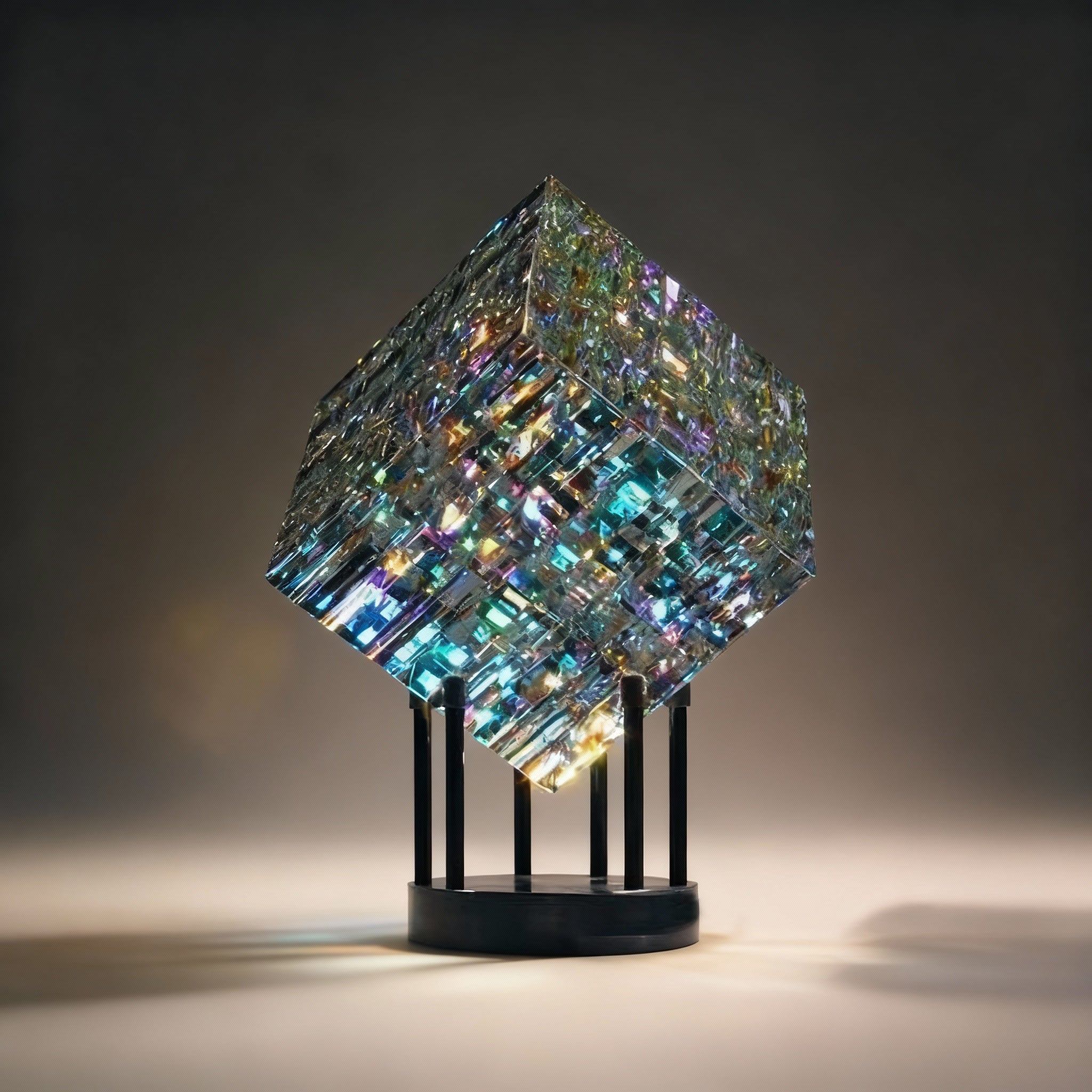 Rainbow Crystal Cube with Rotating Light Base