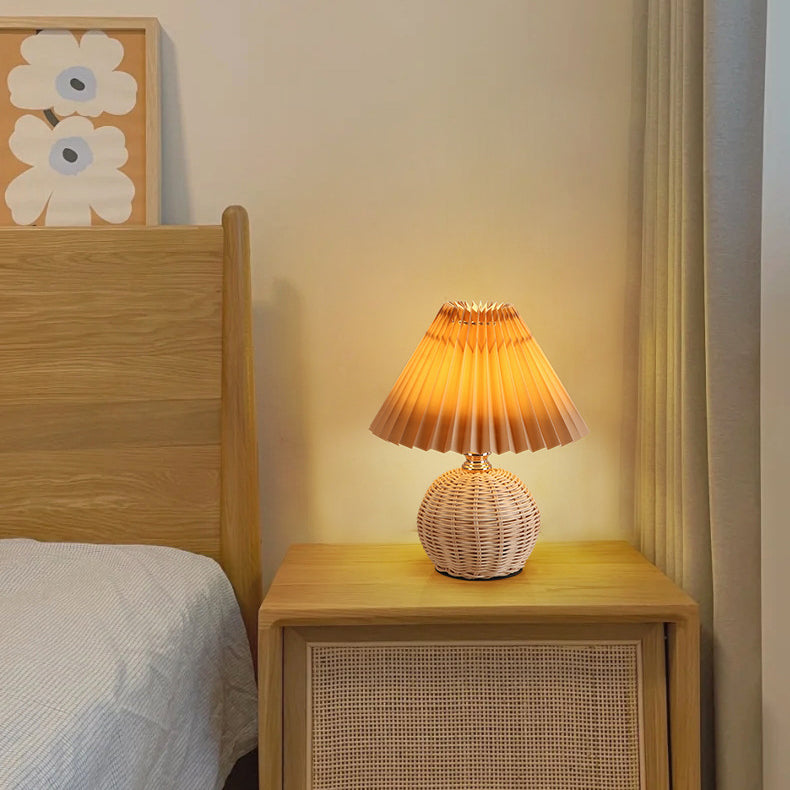 Rattan Table Lamp with Pleated Fabric Shade